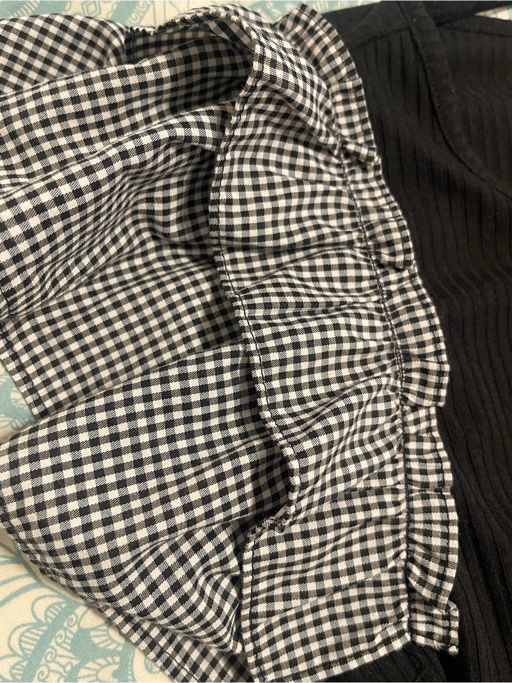 Black Ribbed Short Sleeve Top with Gingham Ruffle Sleeves - Picture 3 of 3